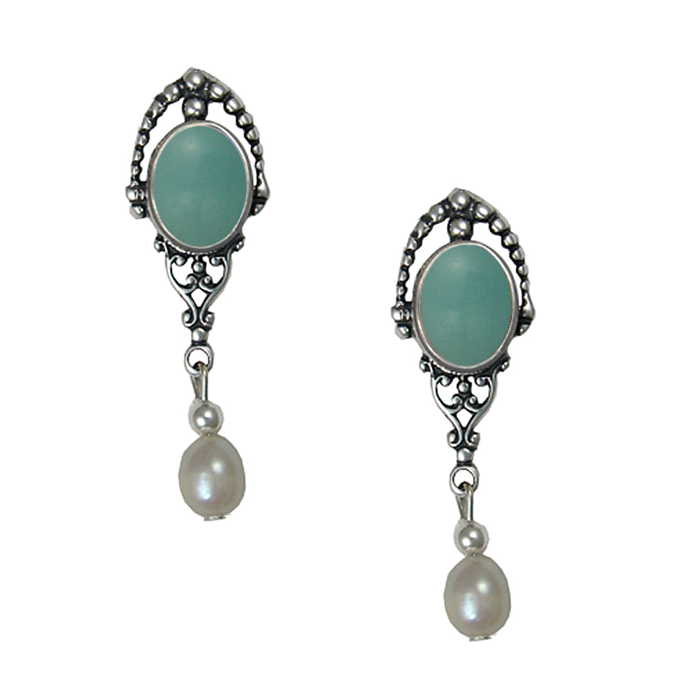 Sterling Silver Cultured Freshwater Pearl Drop Dangle Earrings With Aventurine